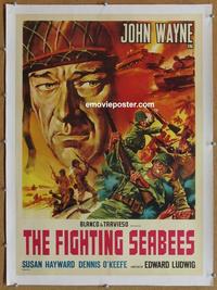 k047 FIGHTING SEABEES linen Italian 20x28 R1960s cool different art of John Wayne in World War II!