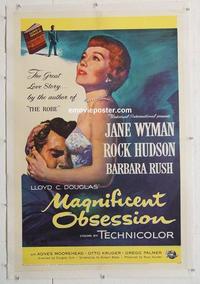 k363 MAGNIFICENT OBSESSION linen one-sheet movie poster '54 Rock Hudson