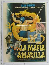 k154 LA MAFIA AMARILLA linen Mexican movie poster '75 Blue Demon