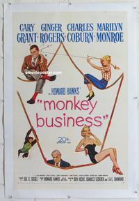 k375 MONKEY BUSINESS linen one-sheet movie poster '52 Grant, Rogers, Monroe