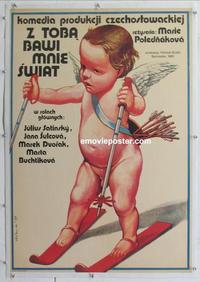 k207 S TEBOU ME BAVI SVET linen Polish movie poster '82 skiing Cupid!