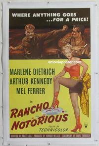 k404 RANCHO NOTORIOUS linen one-sheet movie poster '52 Marlene Dietrich, Lang