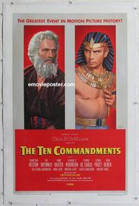k452 TEN COMMANDMENTS linen one-sheet movie poster '56 Heston, Brynner