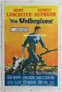 k475 UNFORGIVEN linen one-sheet movie poster '60 Burt Lancaster, Hepburn