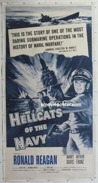 m030 HELLCATS OF THE NAVY linen three-sheet movie poster '57 Ronald Reagan