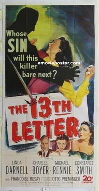 s011 13th LETTER three-sheet movie poster '51 Otto Preminger, Linda Darnell