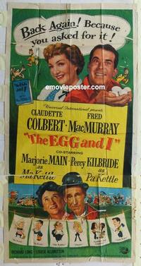 s258 EGG & I three-sheet movie poster R54 Claudette Colbert, MacMurray