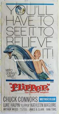 s310 FLIPPER three-sheet movie poster '63 Connors, Luke Halpin, dolphin!