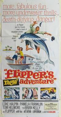 s311 FLIPPER'S NEW ADVENTURE three-sheet movie poster '64 cool dolphin!