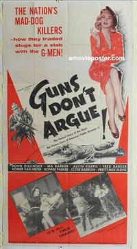 s384 GUNS DON'T ARGUE three-sheet movie poster '57 factual story, Dillinger!