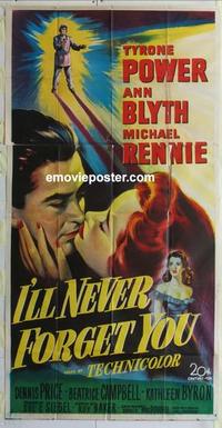 s451 I'LL NEVER FORGET YOU three-sheet movie poster '51 Tyrone Power, Blyth