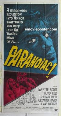 b337 PARANOIAC three-sheet movie poster '63 Oliver Reed, Hammer horror!