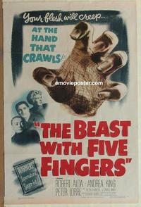 b077 BEAST WITH FIVE FINGERS one-sheet movie poster '47 Peter Lorre
