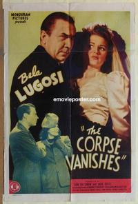 b591 CORPSE VANISHES one-sheet movie poster '42 Bela Lugosi, horror!