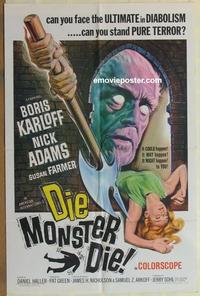b634 DIE MONSTER DIE one-sheet movie poster '65 Boris Karloff, AIP horror!