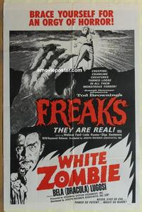 b704 FREAKS/WHITE ZOMBIE one-sheet movie poster '70 orgy of horror!