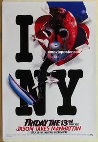h748 FRIDAY THE 13th 8 teaser one-sheet movie poster '89 recalled I Love NY style