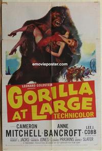 b737 GORILLA AT LARGE one-sheet movie poster '54 big ape runs with girl!