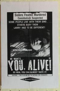 b749 HE WANTS YOU ALIVE one-sheet movie poster '70s cannibalism suspected!