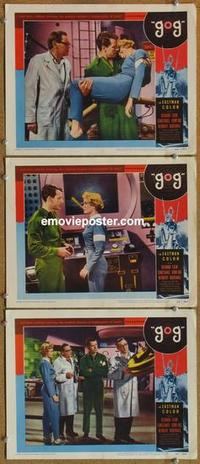 h609 GOG 3 movie lobby cards '54 horror, Frankenstein of steel!
