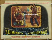 h391 HOUSE OF WAX movie lobby card #2 '53 3-D Vincent Price by fire!
