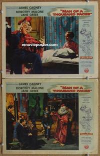 h638 MAN OF A THOUSAND FACES 2 movie lobby cards '57 Cagney as clown!