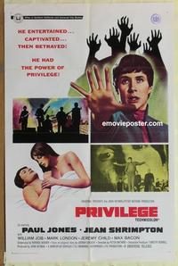 b940 PRIVILEGE one-sheet movie poster '67 Paul Jones, rock 'n' roll!