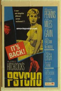 b946 PSYCHO one-sheet movie poster R65 Leigh, Perkins, Hitchcock