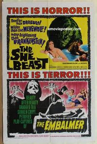 b975 SATAN'S SISTER/EMBALMER one-sheet movie poster '66 She Beast, horror!