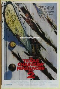 h066 TEXAS CHAINSAW MASSACRE 2 door style 1sh '86 Tobe Hooper horror sequel, cool Huston art!