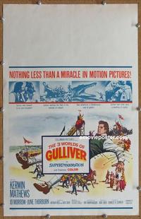 b345 3 WORLDS OF GULLIVER window card movie poster '60 Ray Harryhausen