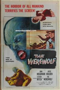 h108 WEREWOLF one-sheet movie poster '56 great wolf-man horror image!