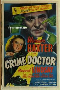 c395 CRIME DOCTOR one-sheet movie poster '43 Warner Baxter, Lindsay