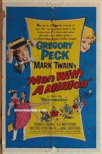 g432 MAN WITH A MILLION one-sheet movie poster '54 Greogry Peck, Mark Twain