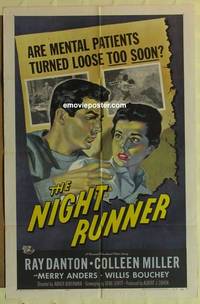 g573 NIGHT RUNNER one-sheet movie poster '57 mental patients turned loose!