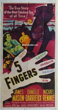 k145 5 FINGERS three-sheet movie poster '52 James Mason, WWII spies!