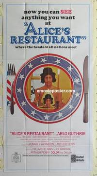 k153 ALICE'S RESTAURANT three-sheet movie poster '69 Arlo Guthrie, Quinn