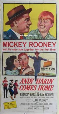 k161 ANDY HARDY COMES HOME three-sheet movie poster '58 Mickey Rooney & son!