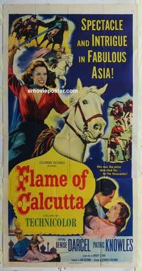 k299 FLAME OF CALCUTTA three-sheet movie poster '53 Denise Darcel, Cavanagh