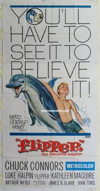 k302 FLIPPER three-sheet movie poster '63 Connors, Luke Halpin, dolphin!