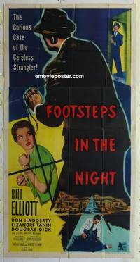 k306 FOOTSTEPS IN THE NIGHT three-sheet movie poster '57 careless strangler!