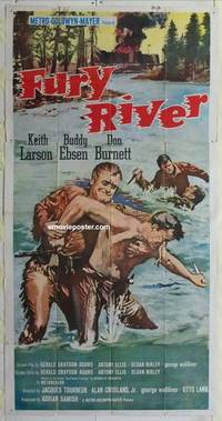 k320 FURY RIVER int'l 3sh '61 Buddy Ebsen, different art of pioneers fighting in river!