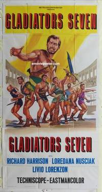 k327 GLADIATORS 7 three-sheet movie poster '63 Harrison, sword & sandal!