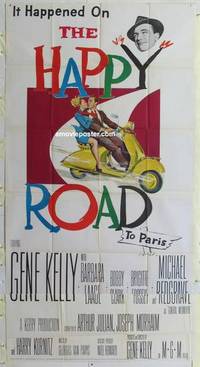 k347 HAPPY ROAD three-sheet movie poster '57 Gene Kelly & Laage on Vespa!