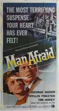 k428 MAN AFRAID three-sheet movie poster '57 George Nader, most terrifying!