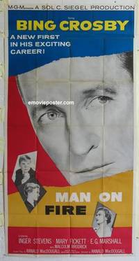 k431 MAN ON FIRE three-sheet movie poster '57 Bing Crosby, Inger Stevens