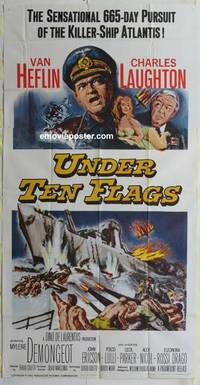 k571 UNDER TEN FLAGS three-sheet movie poster '60 Heflin, Charles Laughton