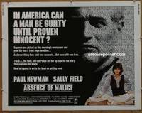 a016 ABSENCE OF MALICE half-sheet movie poster '81 Paul Newman, Sally Field