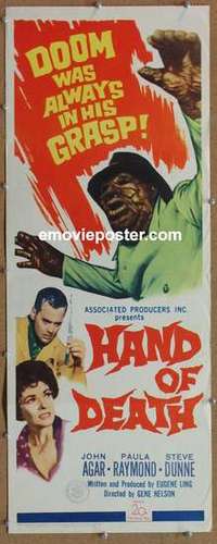 b269 HAND OF DEATH insert movie poster '62 John Agar, Paula Raymond