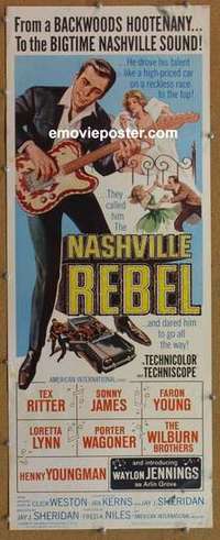 b414 NASHVILLE REBEL insert movie poster '66 Tex Ritter plays guitar!